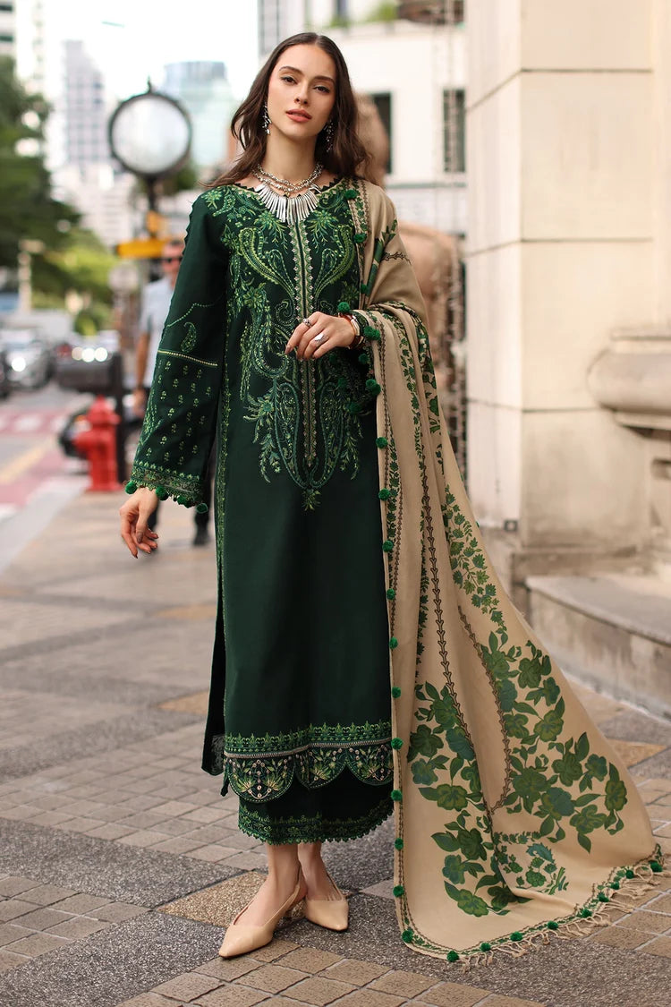 WINTER-3PC DHANAK EMBROIDERED SHIRT WITH COUTRAI PRINTED SHAWL AND EMB TROUSER-5321