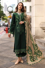 WINTER-3PC DHANAK EMBROIDERED SHIRT WITH COUTRAI PRINTED SHAWL AND EMB TROUSER-5321
