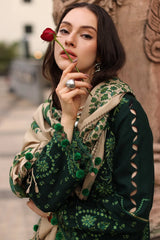 WINTER-3PC DHANAK EMBROIDERED SHIRT WITH COUTRAI PRINTED SHAWL AND EMB TROUSER-5321