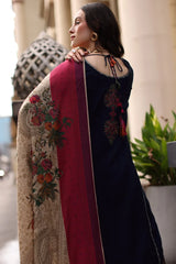 WINTER-3PC DHANAK EMBROIDERED SHIRT WITH COUTRAI PRINTED SHAWL AND EMB TROUSER-5318