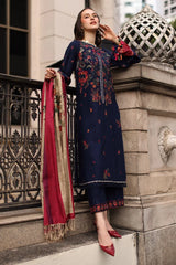 WINTER-3PC DHANAK EMBROIDERED SHIRT WITH COUTRAI PRINTED SHAWL AND EMB TROUSER-5318