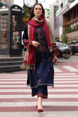 WINTER-3PC DHANAK EMBROIDERED SHIRT WITH COUTRAI PRINTED SHAWL AND EMB TROUSER-5318