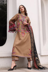 WINTER-3PC DHANAK EMBROIDERED SHIRT WITH COUTRAI PRINTED SHAWL AND EMB TROUSER-5319