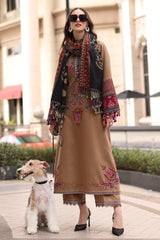 WINTER-3PC DHANAK EMBROIDERED SHIRT WITH COUTRAI PRINTED SHAWL AND EMB TROUSER-5319
