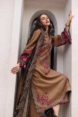 WINTER-3PC DHANAK EMBROIDERED SHIRT WITH COUTRAI PRINTED SHAWL AND EMB TROUSER-5319