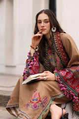 WINTER-3PC DHANAK EMBROIDERED SHIRT WITH COUTRAI PRINTED SHAWL AND EMB TROUSER-5319