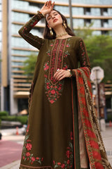 WINTER-3PC DHANAK EMBROIDERED SHIRT WITH COUTRAI PRINTED SHAWL AND EMB TROUSER-5320