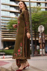 WINTER-3PC DHANAK EMBROIDERED SHIRT WITH COUTRAI PRINTED SHAWL AND EMB TROUSER-5320