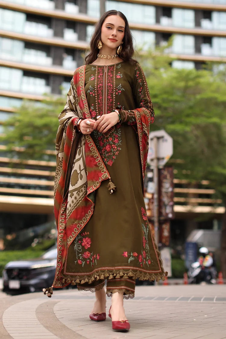 WINTER-3PC DHANAK EMBROIDERED SHIRT WITH COUTRAI PRINTED SHAWL AND EMB TROUSER-5320