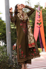 WINTER-3PC DHANAK EMBROIDERED SHIRT WITH COUTRAI PRINTED SHAWL AND EMB TROUSER-5320
