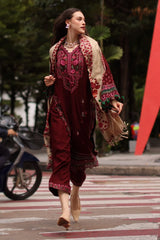 WINTER-3PC DHANAK EMBROIDERED SHIRT WITH COUTRAI PRINTED SHAWL AND EMB TROUSER-5317