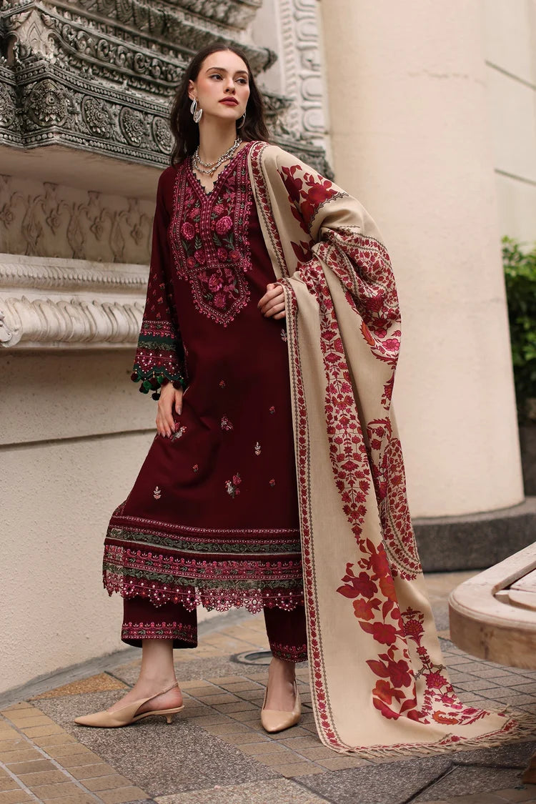 WINTER-3PC DHANAK EMBROIDERED SHIRT WITH COUTRAI PRINTED SHAWL AND EMB TROUSER-5317