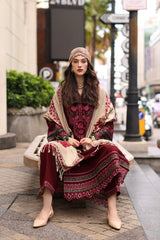 WINTER-3PC DHANAK EMBROIDERED SHIRT WITH COUTRAI PRINTED SHAWL AND EMB TROUSER-5317
