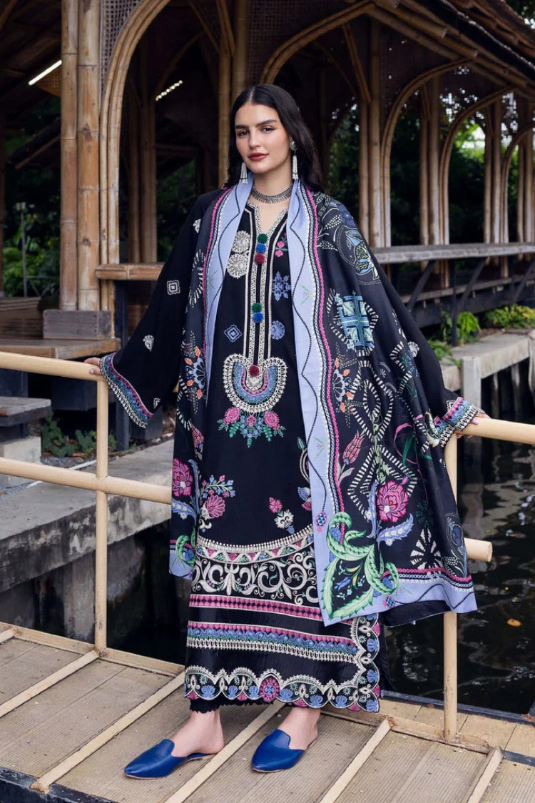 WINTER-3PC DHANAK EMBROIDERED SHIRT WITH COURTRAI WOOL PRINT SHAWL AND TROUSER-4415