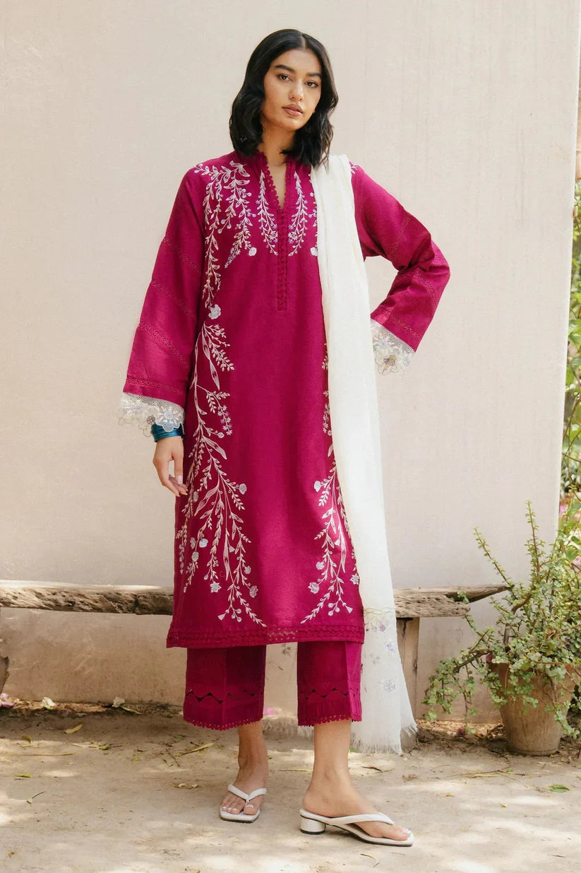 WINTER-3PC DHANAK EMBROIDERED SHIRT WITH COTTON NET EMBROIDERED DUPATTA AND TROUSER-4216