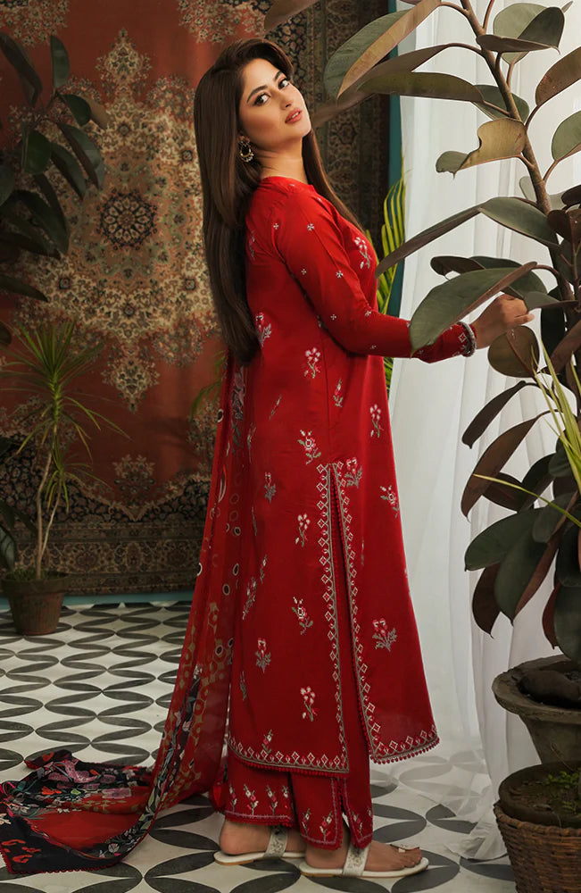 SUMMER-3PC LAWN EMBROIDERED SHIRT WITH MONARK PRINT DUPATTA & EMB TROUSER-3646
