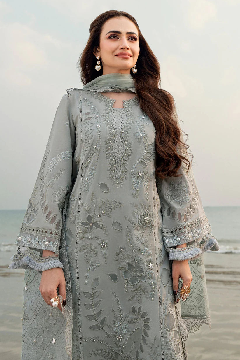 WINTER-3PC DHANAK LASER WORK EMBROIDERED SHIRT WITH CHIFFON EMBROIDERED DUPATTA & TROUSER-4214
