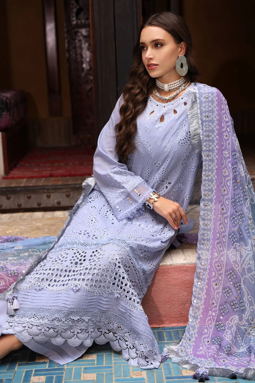 SUMMER-3PC LAWN CHIKANKARI EMBROIDERED SHIRT WITH MONARK PRINTED DUPATTA AND EMB TRPUSER-3709