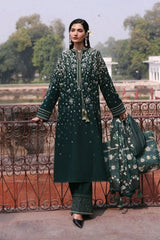 WINTER-3PC DHANAK EMBROIDERED SHIRT WITH COUTRAI PRINTED SHAWL AND EMB TROUSER-5273