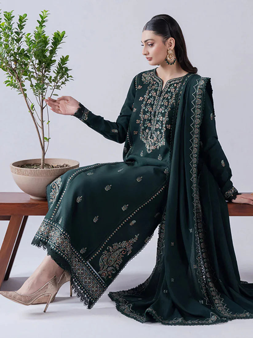 WINTER-3PC DHANAK EMBROIDERED SHIRT WITH DHANAK EMBROIDERED SHAWL & TROUSER-4165