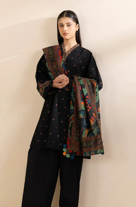 WINTER-3PC DHANAK EMBROIDERED SHIRT WITH COURTRAI PRINTED SHAWL & TROUSER-4242