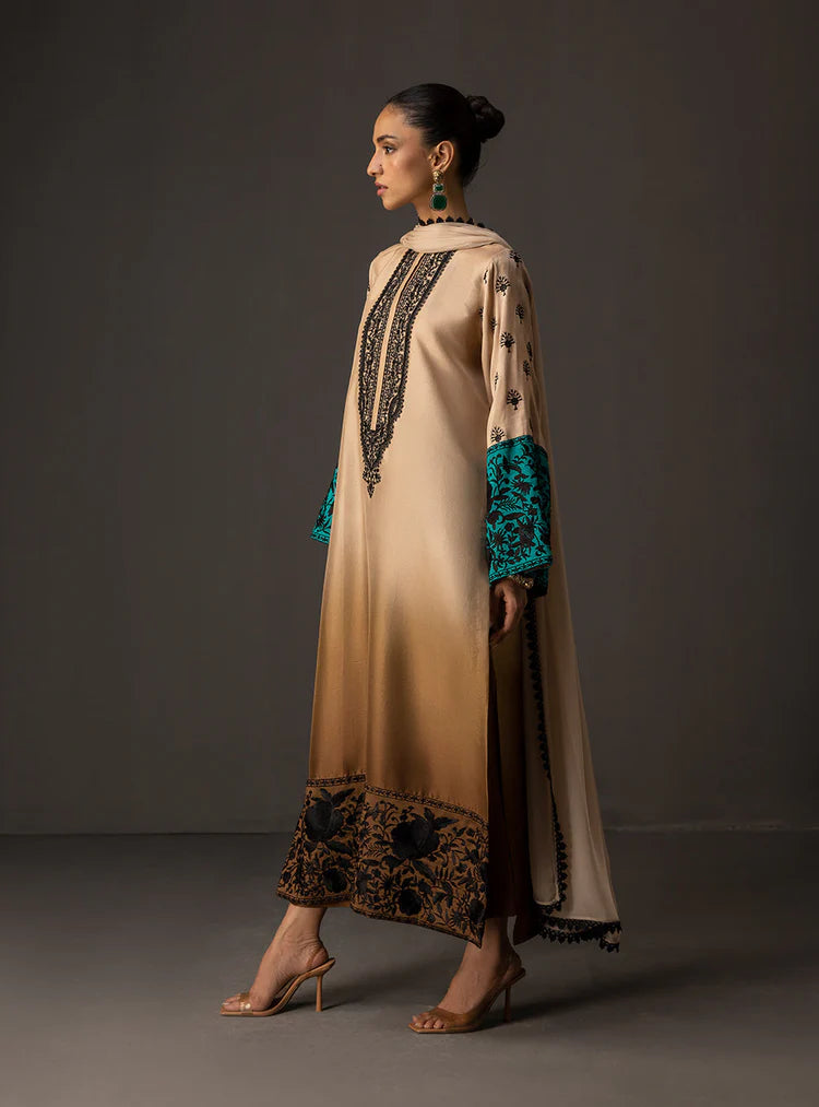 WINTER-3PC SHAMOZ SILK PRINT EMBROIDERED SHIRT WITH SOFT SILK PRINT DUPATTA & SILK TROUSER-1717