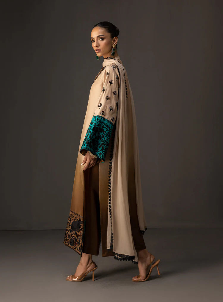 WINTER-3PC SHAMOZ SILK PRINT EMBROIDERED SHIRT WITH SOFT SILK PRINT DUPATTA & SILK TROUSER-1717