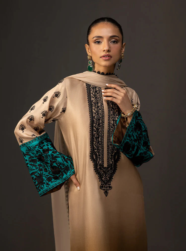 WINTER-3PC SHAMOZ SILK PRINT EMBROIDERED SHIRT WITH SOFT SILK PRINT DUPATTA & SILK TROUSER-1717