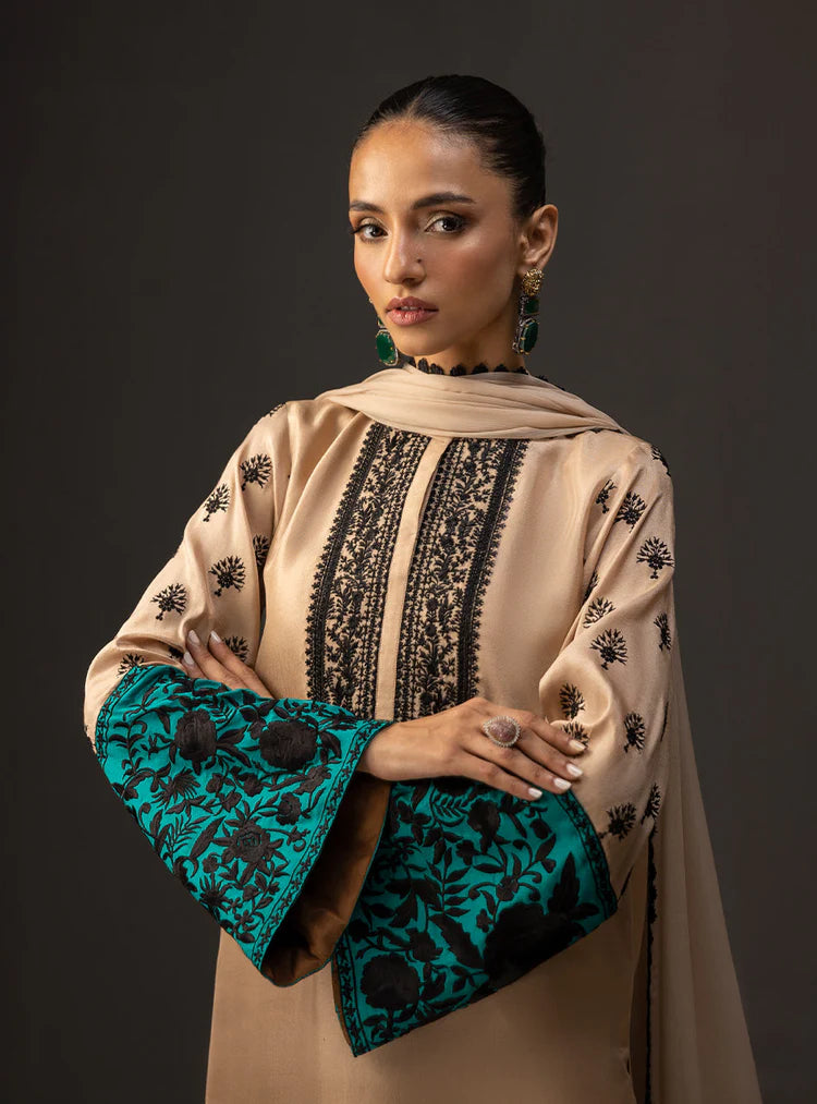 WINTER-3PC SHAMOZ SILK PRINT EMBROIDERED SHIRT WITH SOFT SILK PRINT DUPATTA & SILK TROUSER-1717