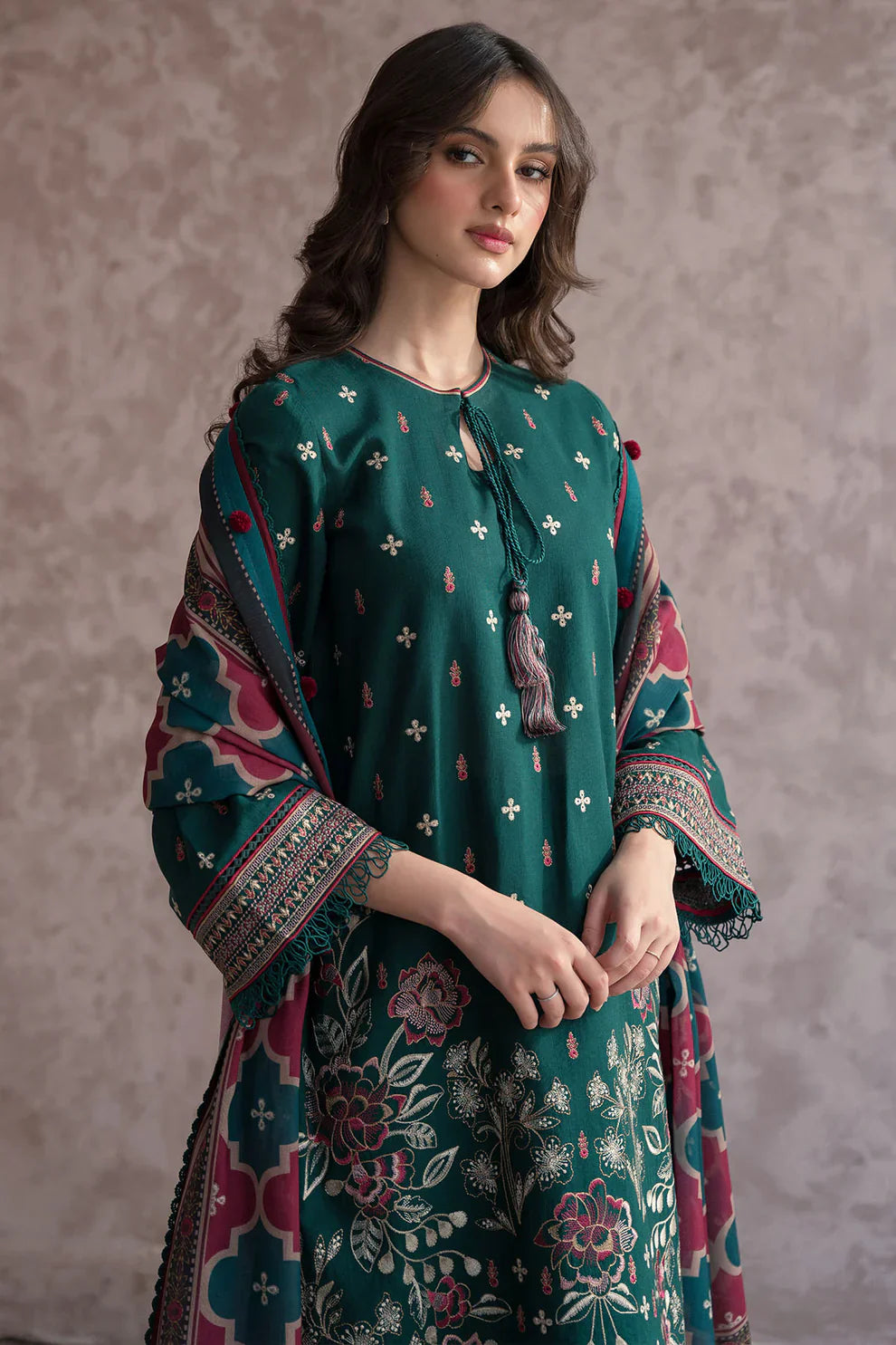 WINTER-3PC DHANAK EMBROIDERED WITH COUTRAI WOOL PRINT SHAWL & TROUSER-2611