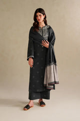 WINTER-3PC DHANAK EMBROIDERED SHIRT WITH COURTRAI WOOL DIGITAL PRINT SHAWL AND TROUSER-5174