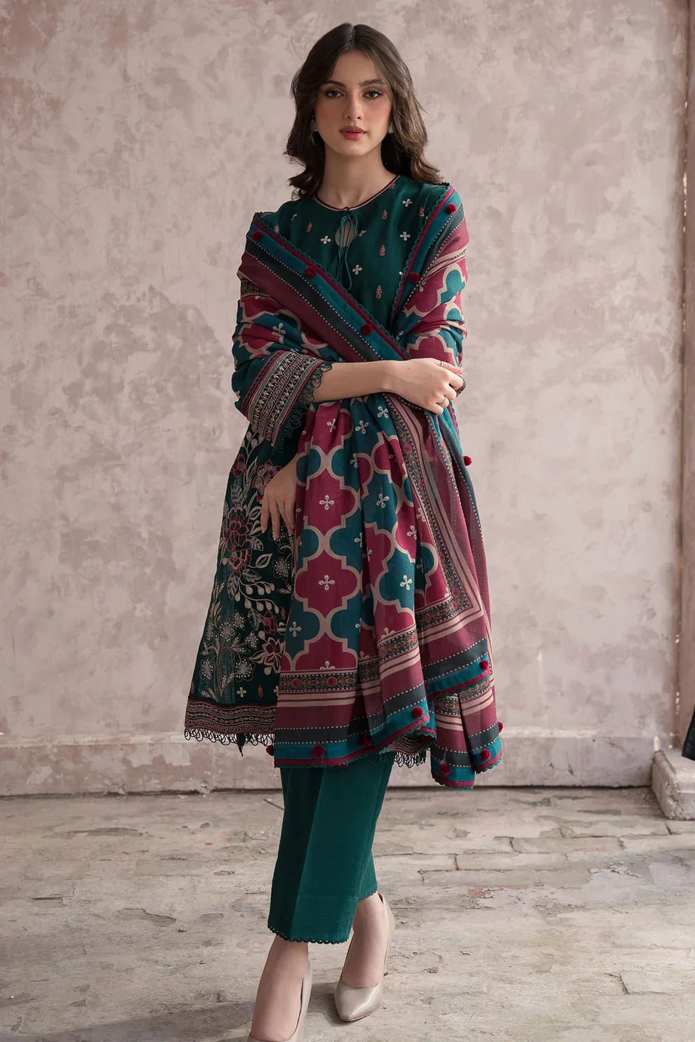 WINTER-3PC DHANAK EMBROIDERED WITH COUTRAI WOOL PRINT SHAWL & TROUSER-2611
