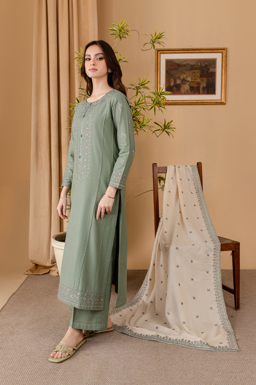 SUMMER- 3PC LAWN EMBROIDERED SHIRT WITH LAWN EMBROIDERED DUPATTA AND LAWN TROUSER-3501