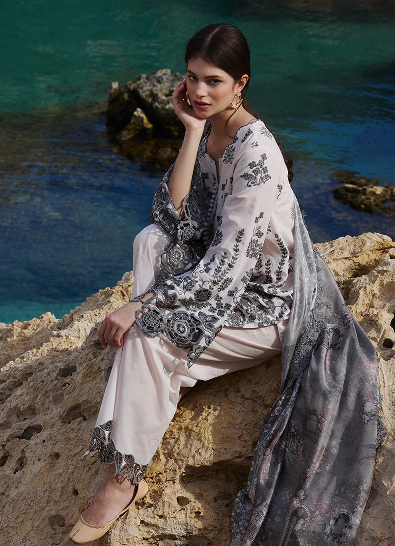 SUMMER-3PC LAWN EMBROIDERED SHIRT WITH CHIFFON PRINT DUPATTA AND EMB TROUSER-3710
