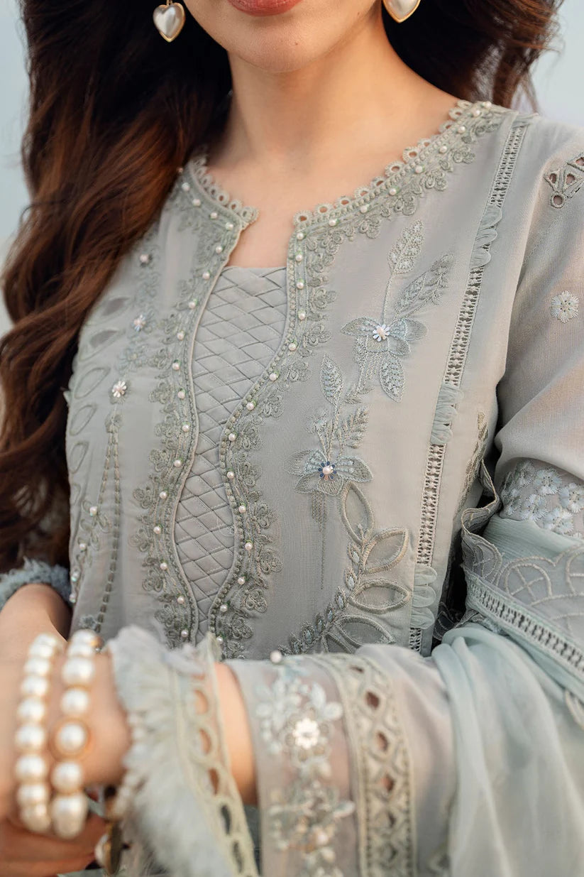 WINTER-3PC DHANAK LASER WORK EMBROIDERED SHIRT WITH CHIFFON EMBROIDERED DUPATTA & TROUSER-4214