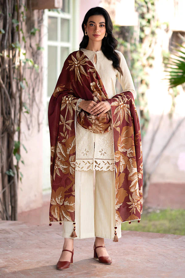 WINTER- 3PC DHANAK EMBROIDERED SHIRT WITH WOOL PRINT SHAWL AND TROUSER-3320-B