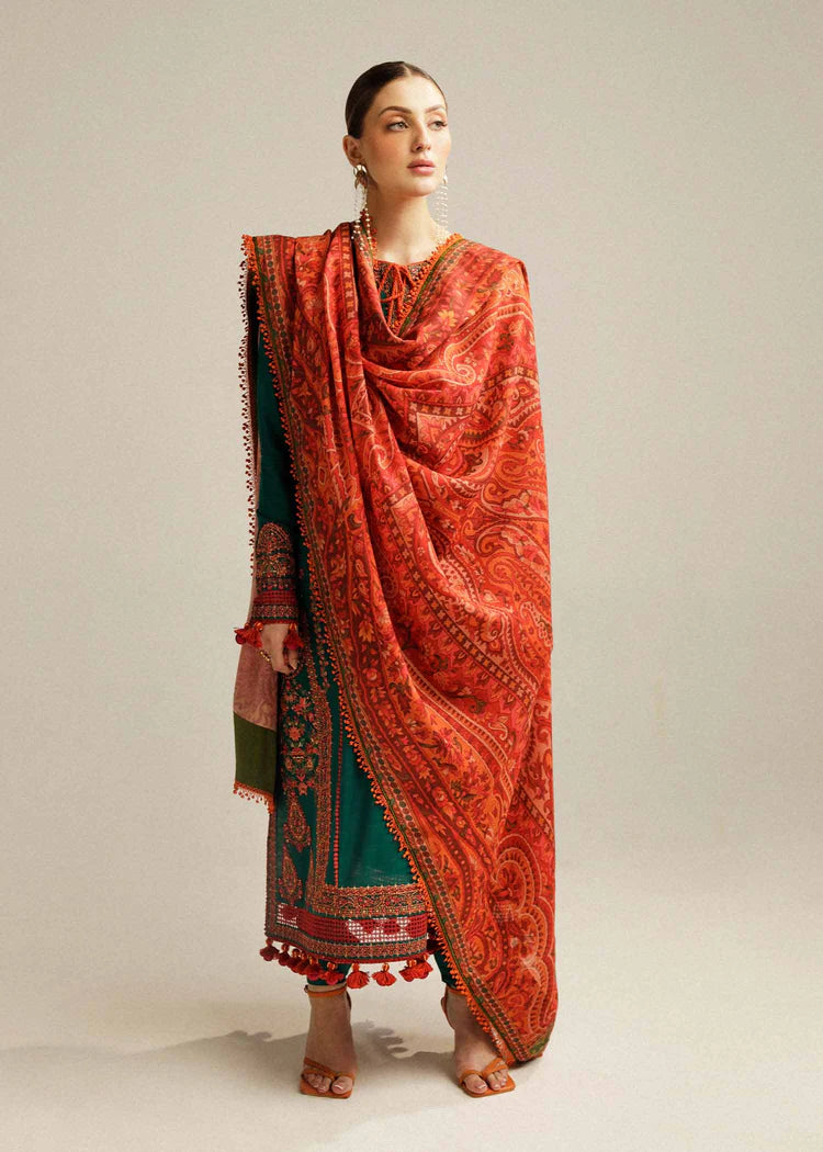 WINTER-3PC DHANAK EMBROIDERED SHIRT WITH COURTRAI PRINTED SHAWL AND TROUSER-