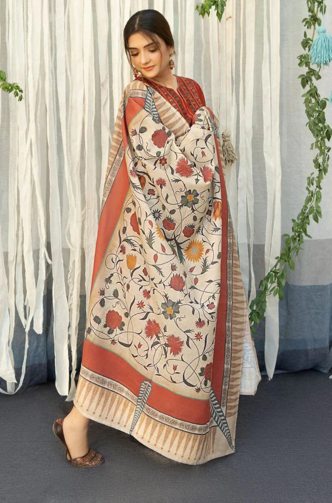 WINTER- 3PC DHANAK EMBROIDERED SHIRT WITH COUTURE WOOL PRINT SHAWL AND TROUSER-2692