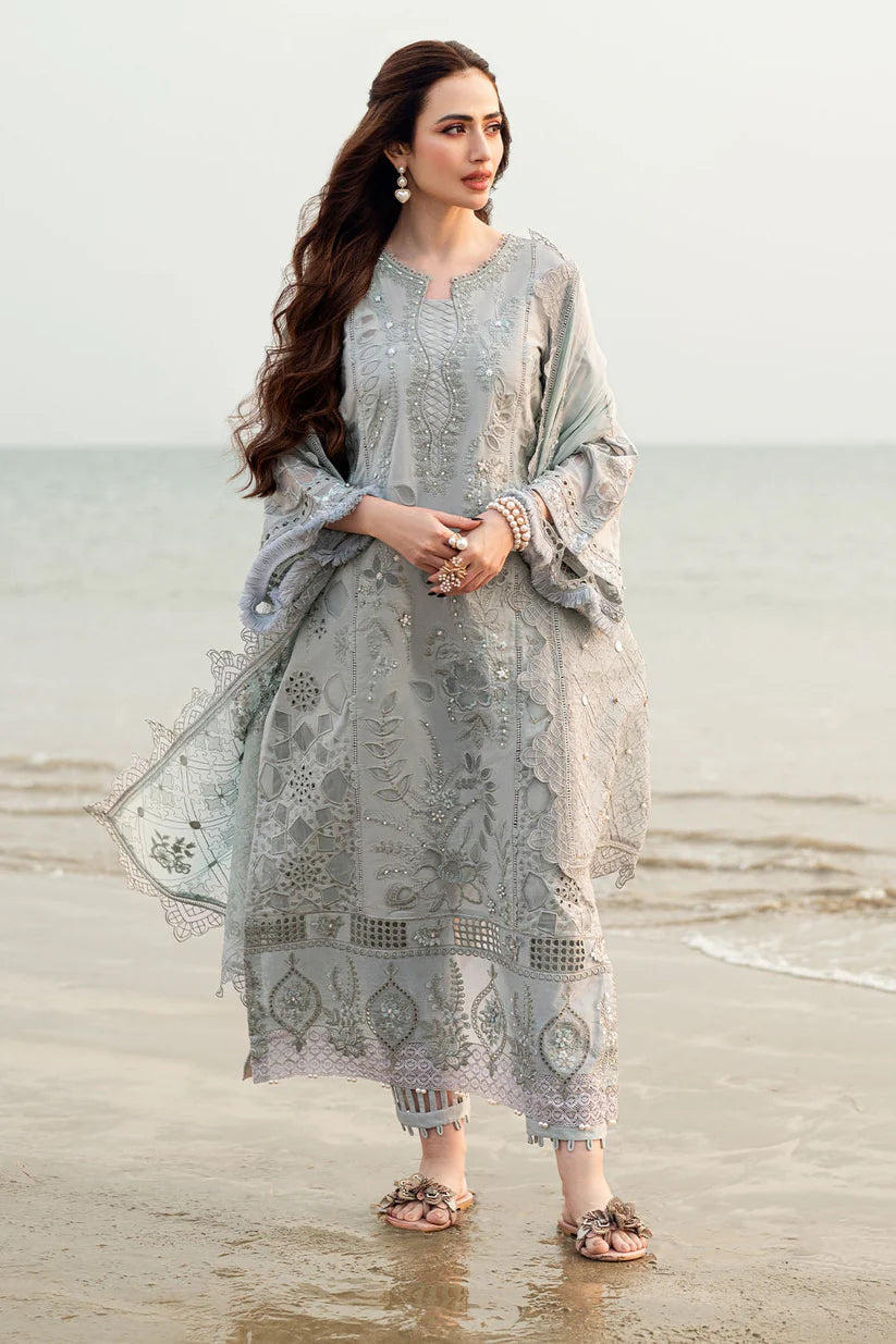 WINTER-3PC DHANAK LASER WORK EMBROIDERED SHIRT WITH CHIFFON EMBROIDERED DUPATTA & TROUSER-4214