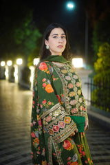 Winter-3PC SHAMOZE SILK PRINTED EMBROIDERED SHIRT WITH SOFT SILK PRINTED EMB DUPATTA & PRINTED TROUSER-1739