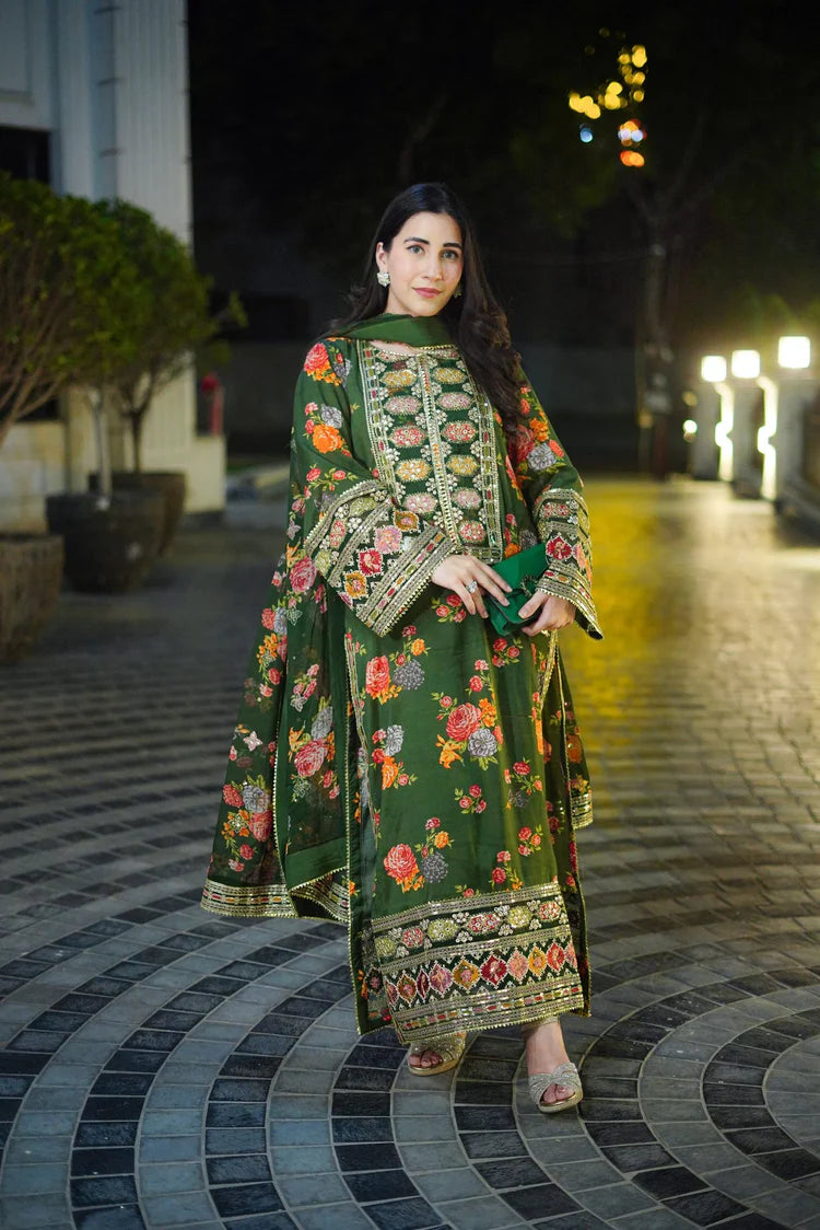 Winter-3PC SHAMOZE SILK PRINTED EMBROIDERED SHIRT WITH SOFT SILK PRINTED EMB DUPATTA & PRINTED TROUSER-1739