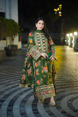 Winter-3PC SHAMOZE SILK PRINTED EMBROIDERED SHIRT WITH SOFT SILK PRINTED EMB DUPATTA & PRINTED TROUSER-1739