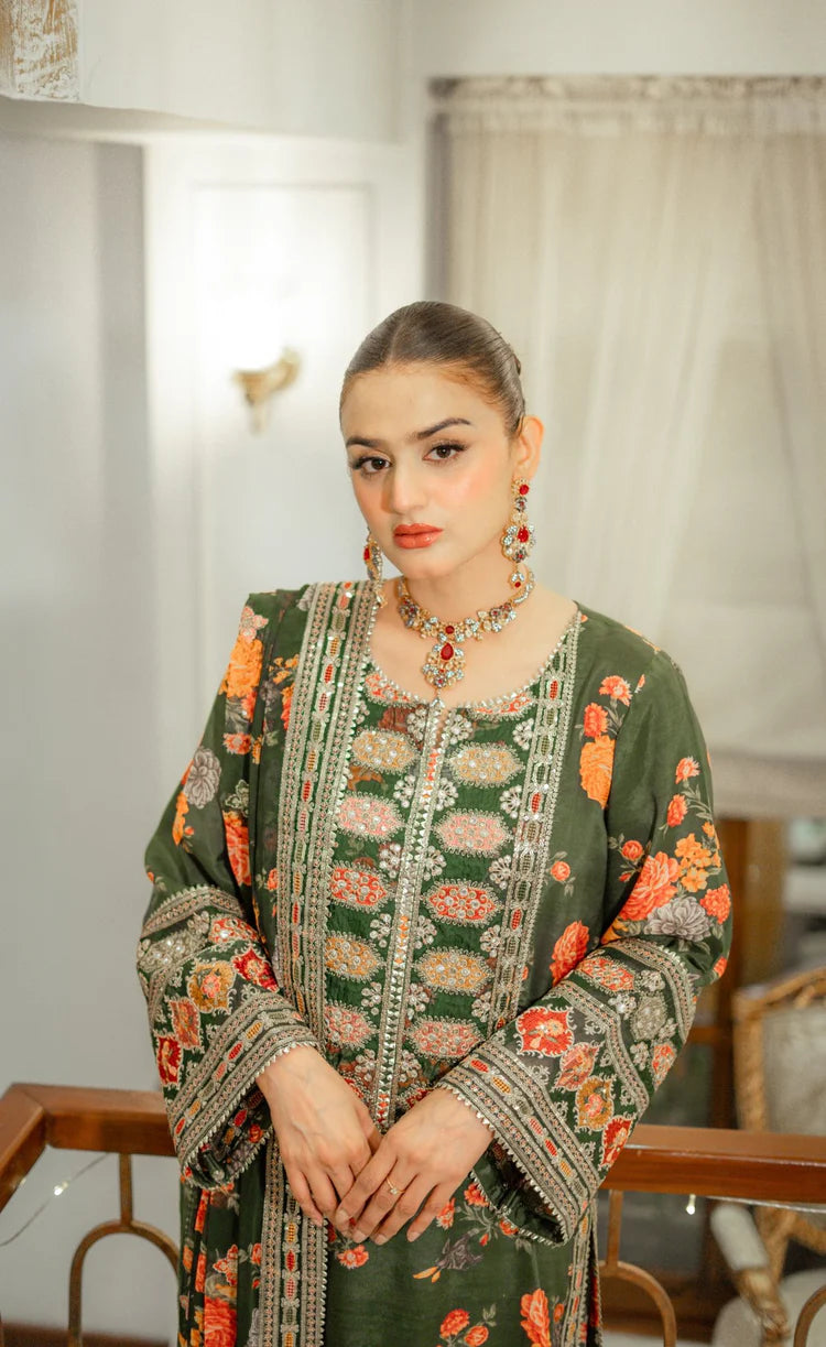 Winter-3PC SHAMOZE SILK PRINTED EMBROIDERED SHIRT WITH SOFT SILK PRINTED EMB DUPATTA & PRINTED TROUSER-1739