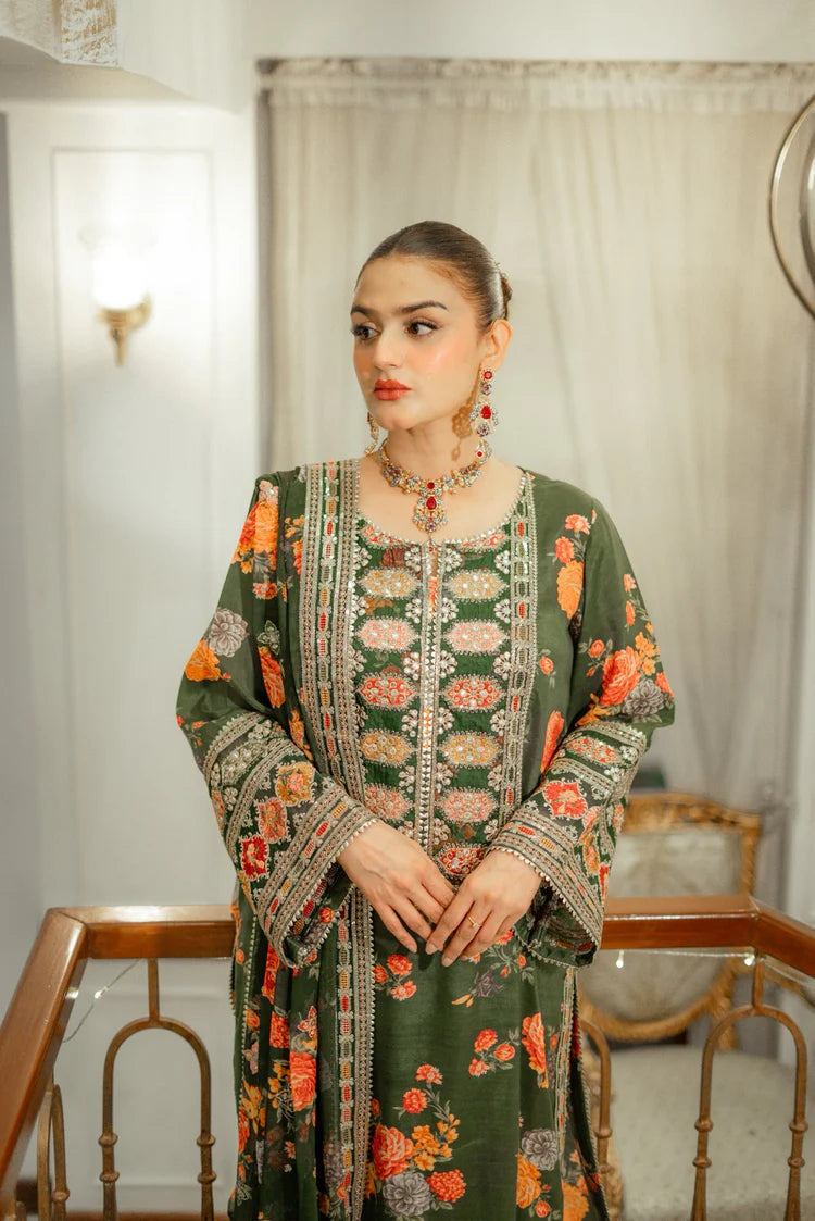 Winter-3PC SHAMOZE SILK PRINTED EMBROIDERED SHIRT WITH SOFT SILK PRINTED EMB DUPATTA & PRINTED TROUSER-1739