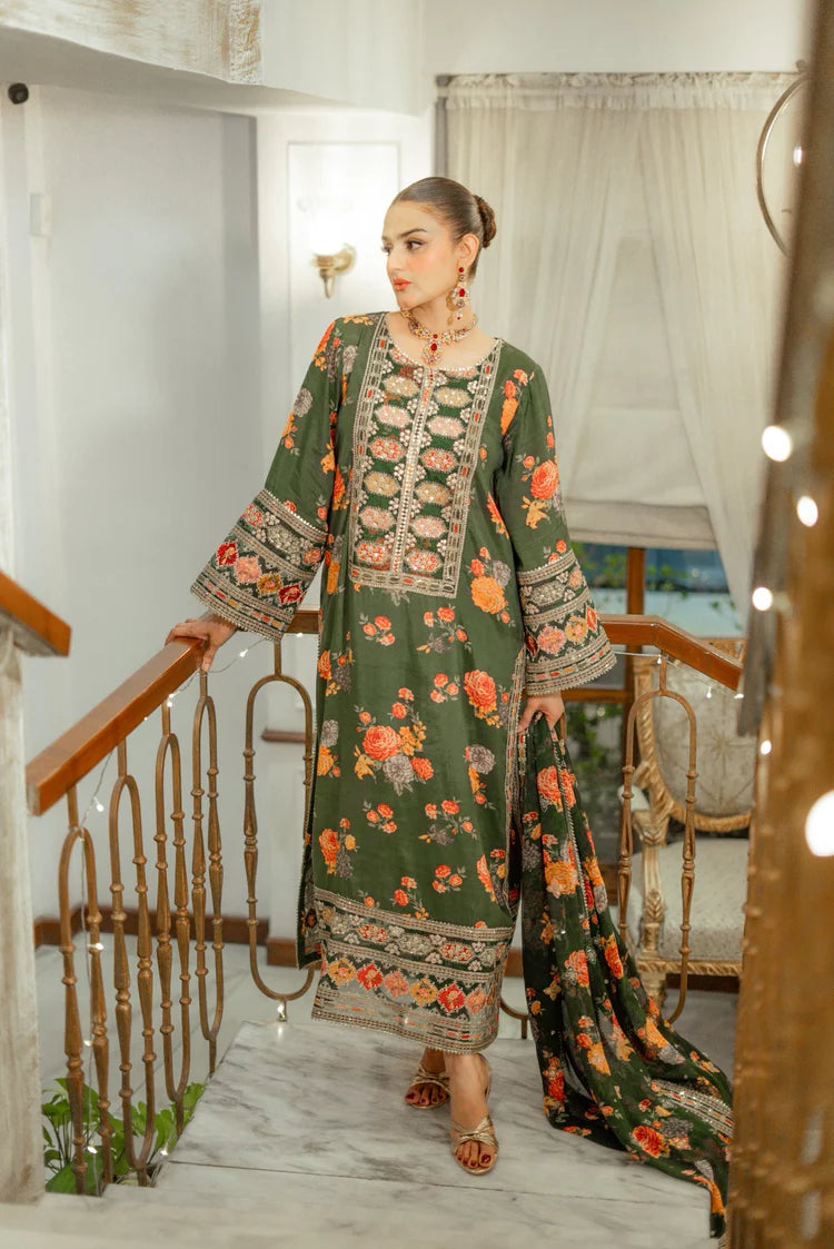 Winter-3PC SHAMOZE SILK PRINTED EMBROIDERED SHIRT WITH SOFT SILK PRINTED EMB DUPATTA & PRINTED TROUSER-1739