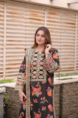 WINTER-3PC SHAMOZE SILK PRINTED EMBROIDERED SHIRT WITH SOFT SILK PRINTED EMB DUPATTA & PRINTED TROUSER-9005