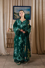 WINTER-3PC DHANAK CHIKAN EMBROIDERED SHIRT WITH COUTRAI PRINTED SHAWL AND TROUSER-5300