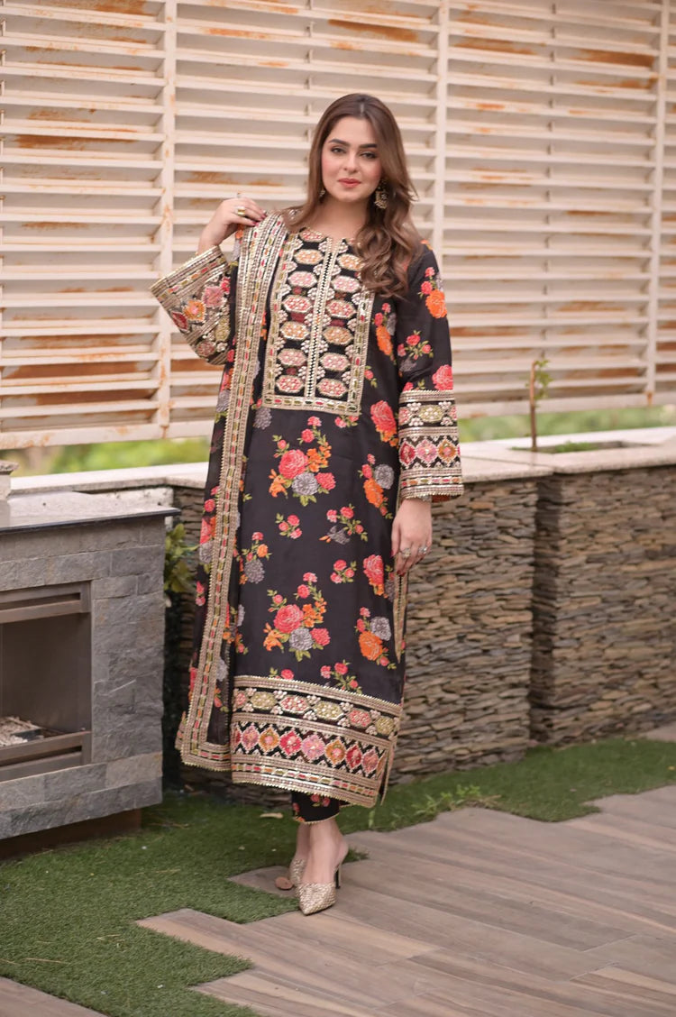 WINTER-3PC SHAMOZE SILK PRINTED EMBROIDERED SHIRT WITH SOFT SILK PRINTED EMB DUPATTA & PRINTED TROUSER-9005