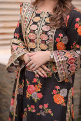 WINTER-3PC SHAMOZE SILK PRINTED EMBROIDERED SHIRT WITH SOFT SILK PRINTED EMB DUPATTA & PRINTED TROUSER-9005