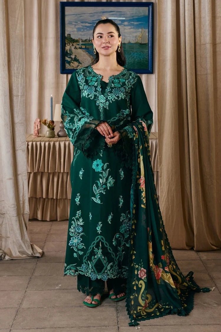 WINTER-3PC DHANAK CHIKAN EMBROIDERED SHIRT WITH COUTRAI PRINTED SHAWL AND TROUSER-5300